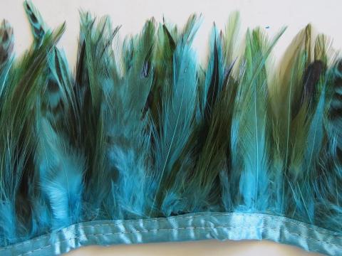 Aqua and ginger hackle arranged as banded feather fringe